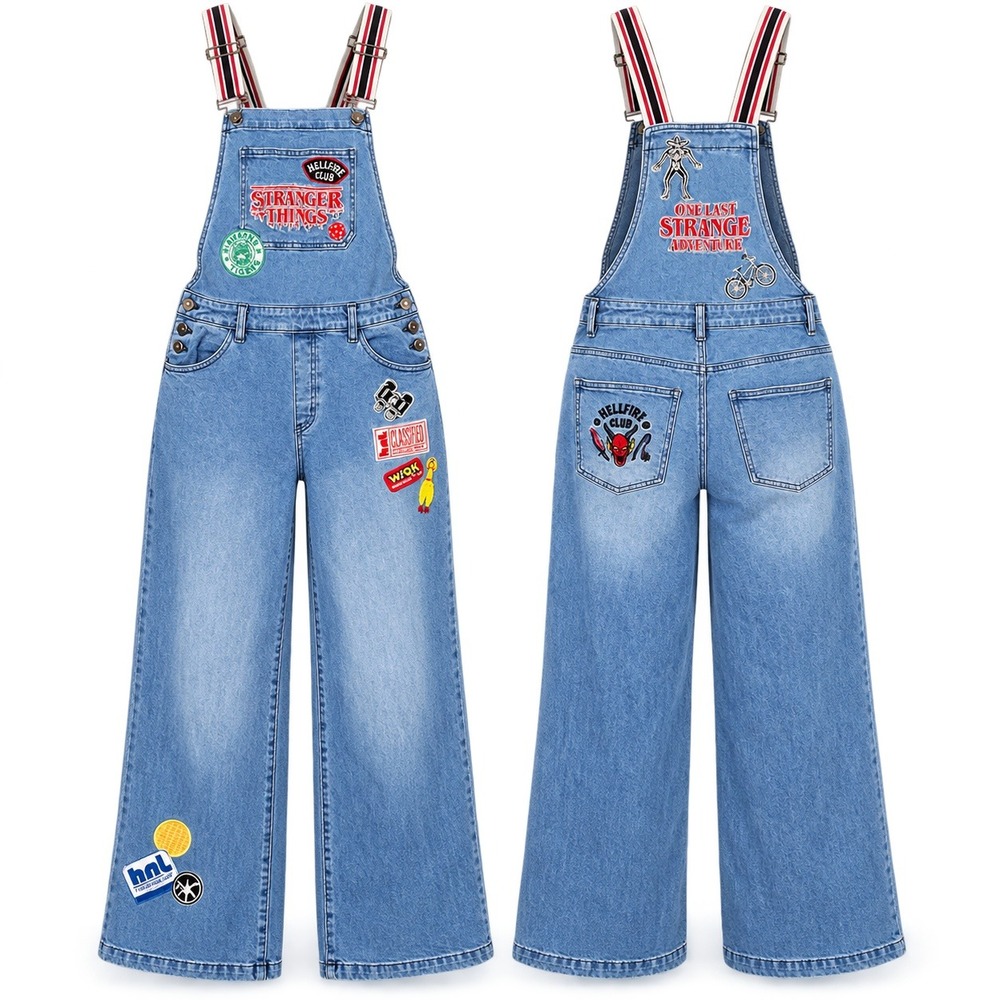 Stranger Things BoxLunch Overalls Womens S Denim Embroidered Wide Leg Hellfire